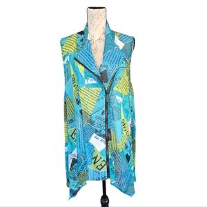Feratelli Turquoise Green Newspaper Print Sheer Zip Tunic Vest XL